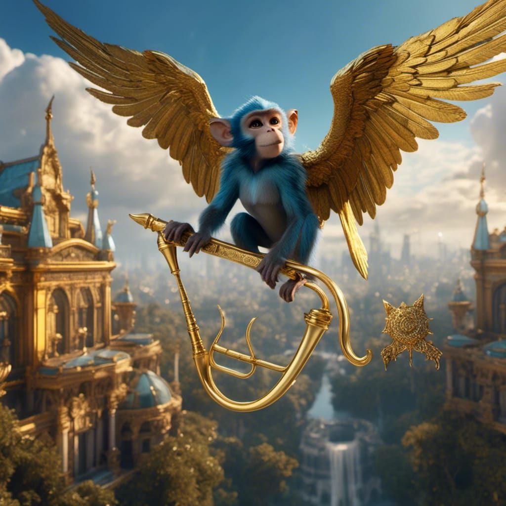 Flying Monkey with Harp in Detailed Matte Painting