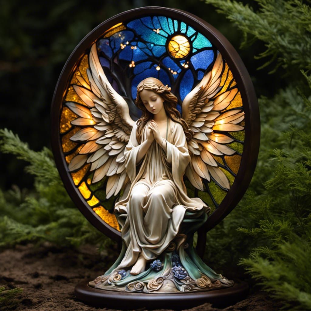 Contemplative Angel in Nerikomi Style Under Moonlight