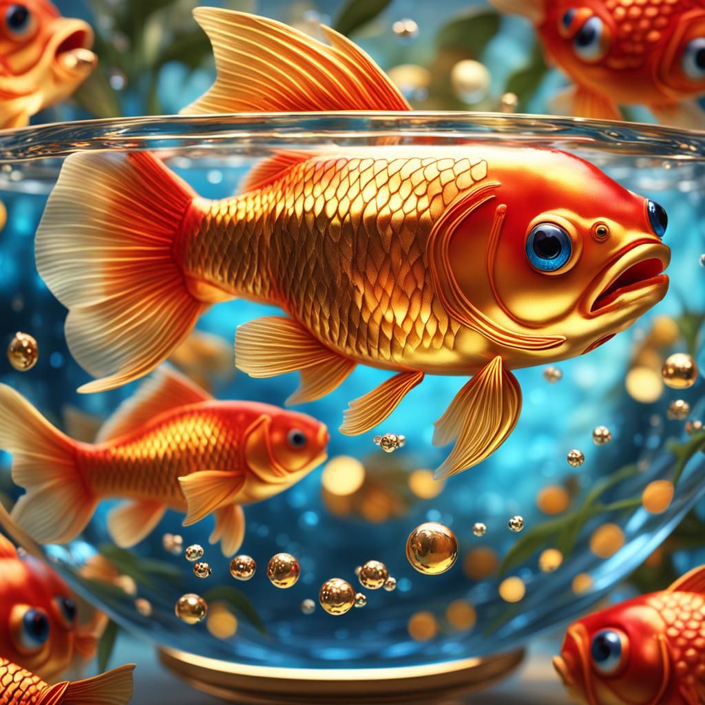 Smiling Goldfish in Decorated Bowl: Hyperrealistic Digital A...
