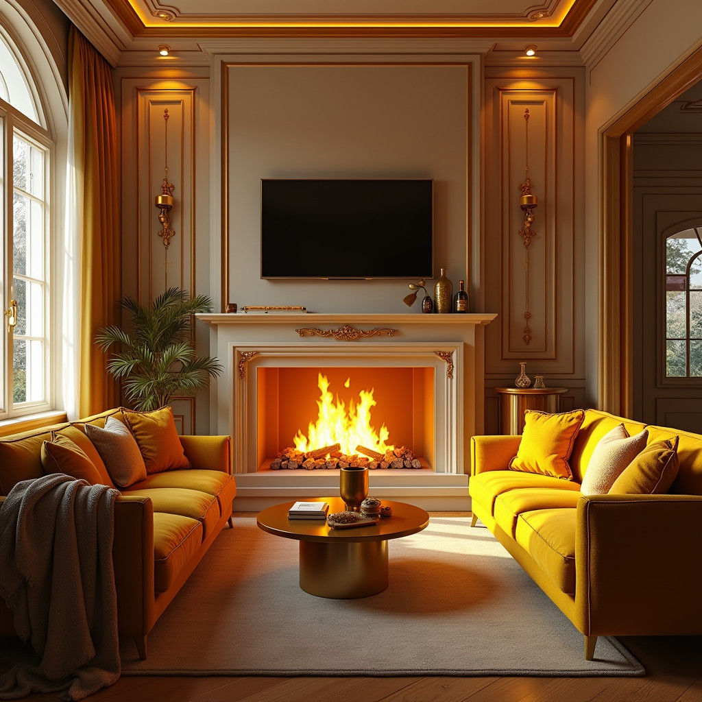 Majestic Golden Sitting Room with Fireplace, Digital Art