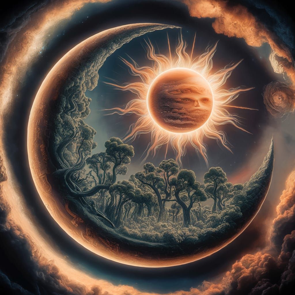 Surreal Forest Moon Art with Cosmic Sky