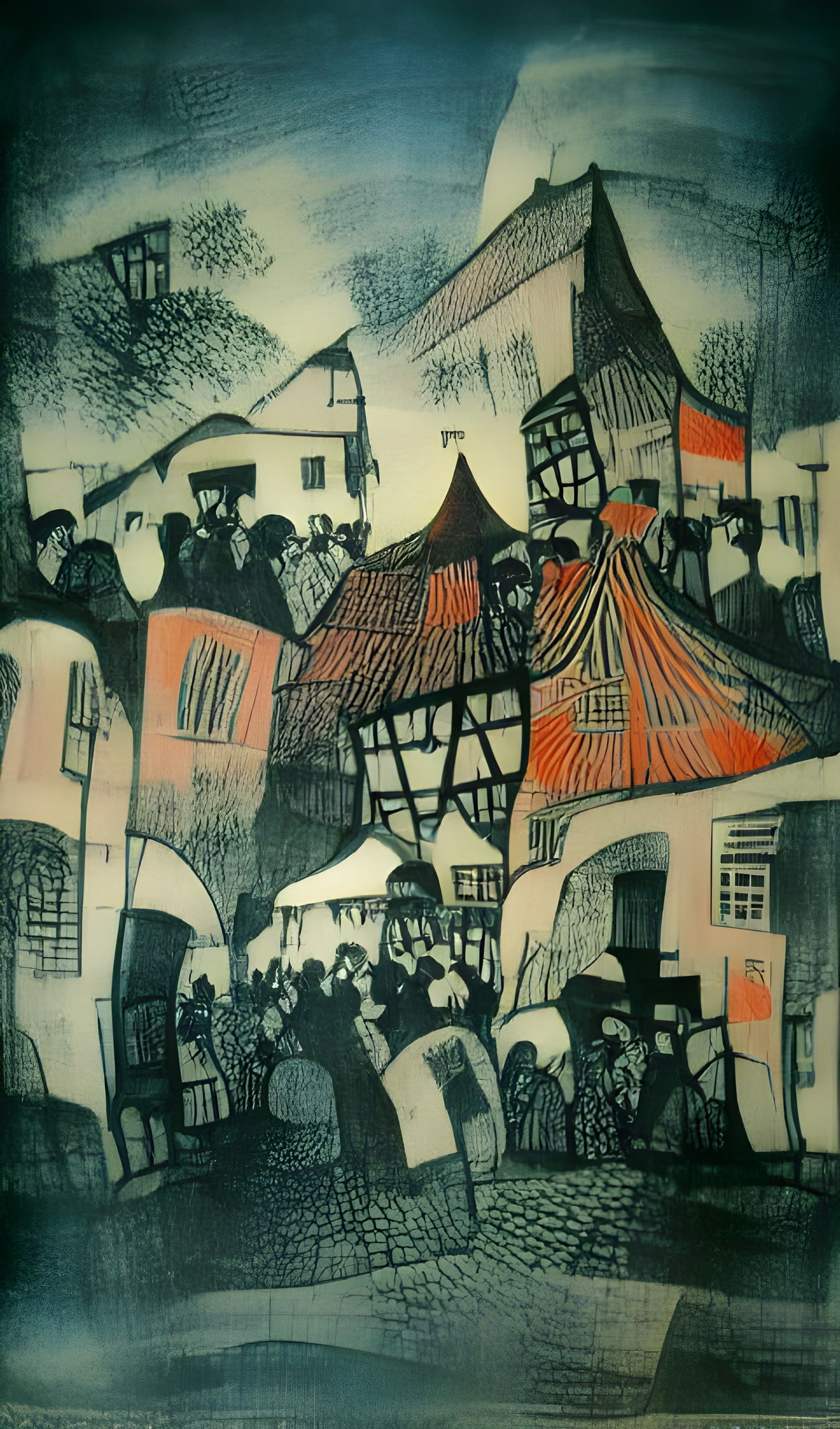 Detailed Etching of a Village Festival in Expressionist Styl...