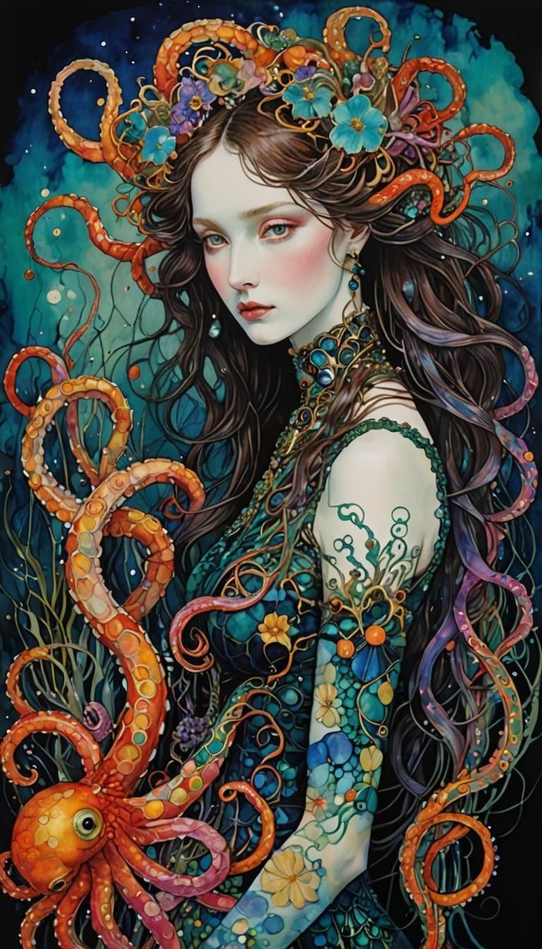 Mermaid and Octopus in Surreal Underwater Art