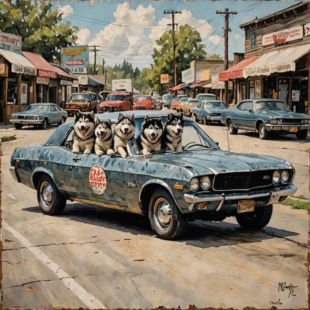 Elegant Malamutes in Jalopy Joyrides: Encaustic Mixed Media