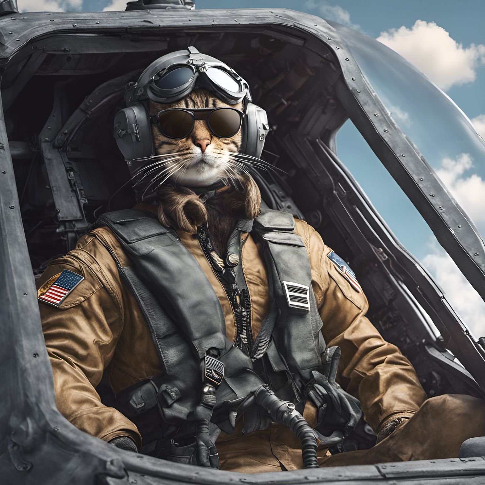 Hyperrealistic Cat Pilot in Stealth Bomber Cockpit