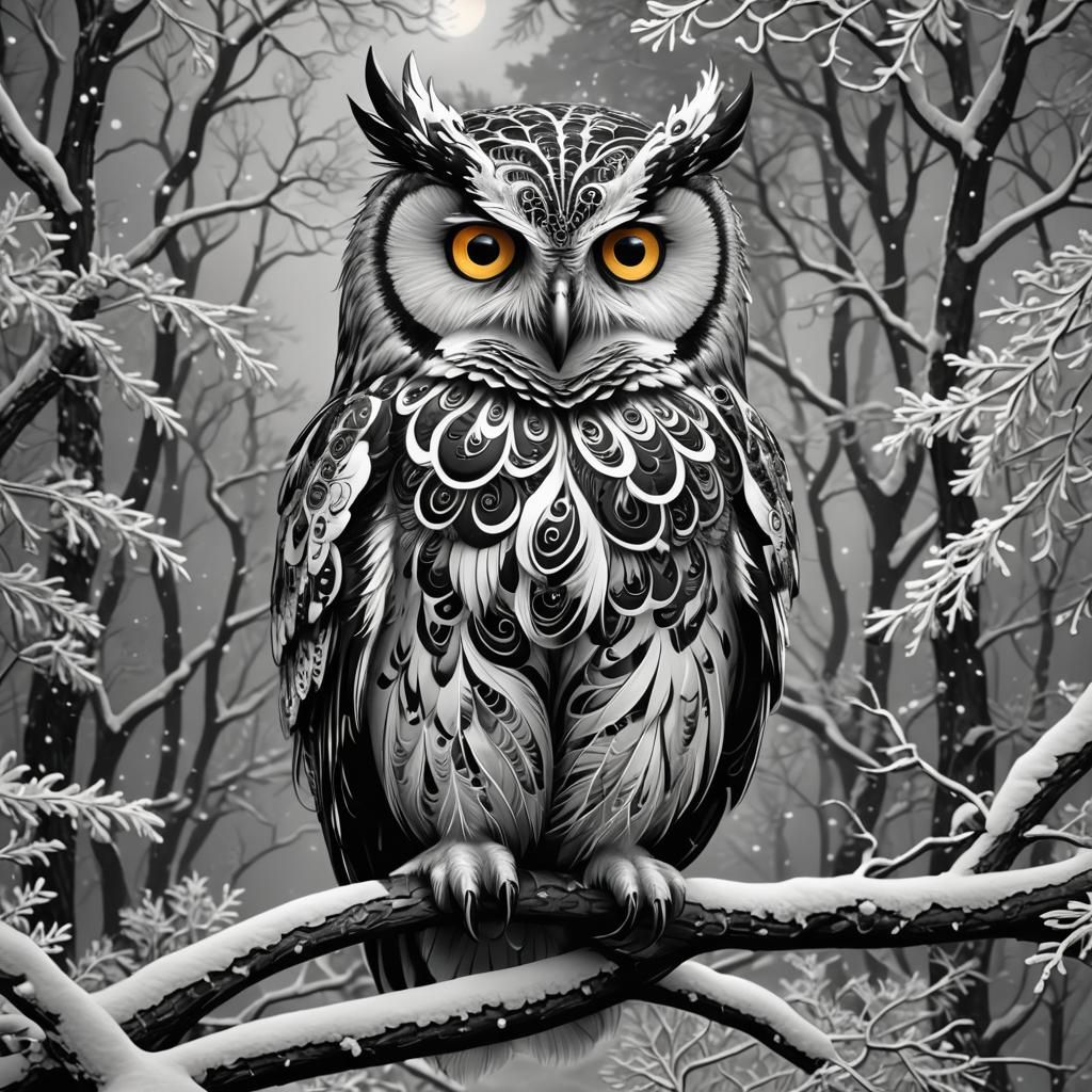 Monochromatic Owl with Abstract Fur in Snowy Forest