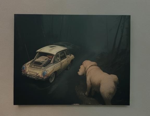Dog Drives Car Through Forest in Photorealistic Style