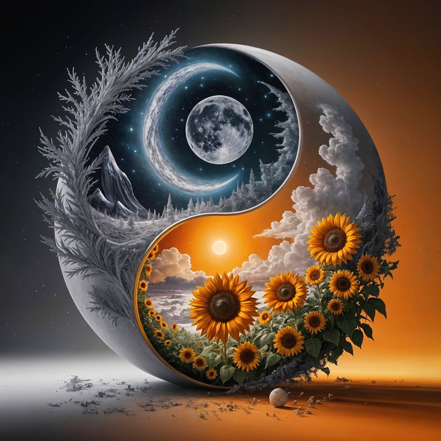 Surreal Yin-Yang: Winter Night and Summer Landscape