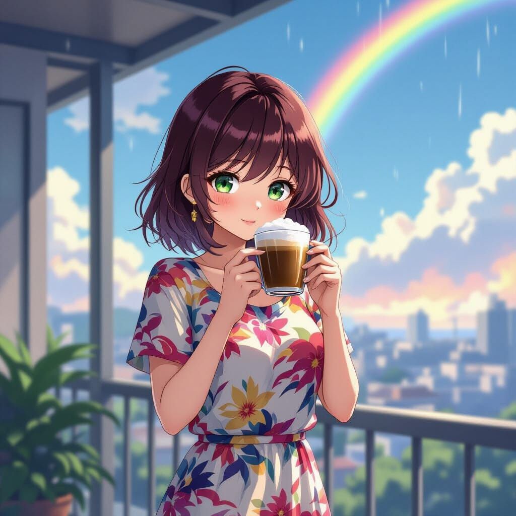 Anime Woman with Coffee on Rainy Balcony