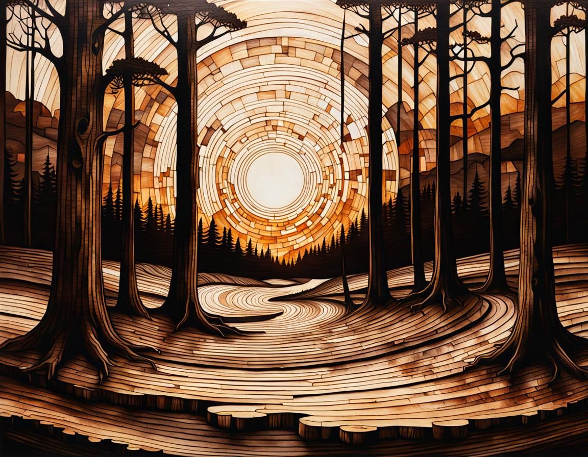 Sepia Sunset Forest in Woodcut Style
