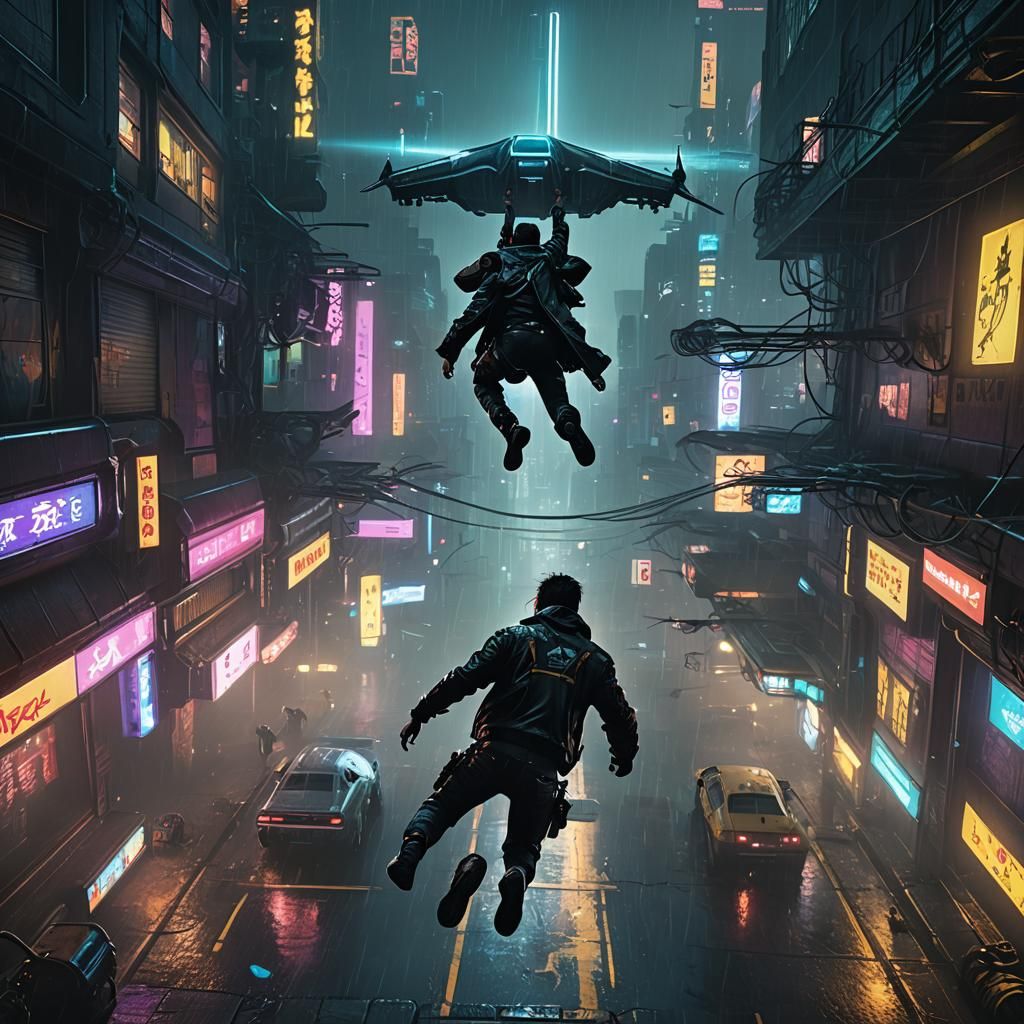 Cyberpunk Parachute Jump Over Neon Cityscape