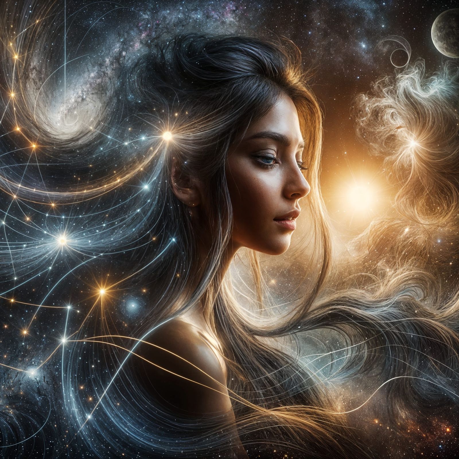 Serene South Asian Woman in Cosmic Harmony