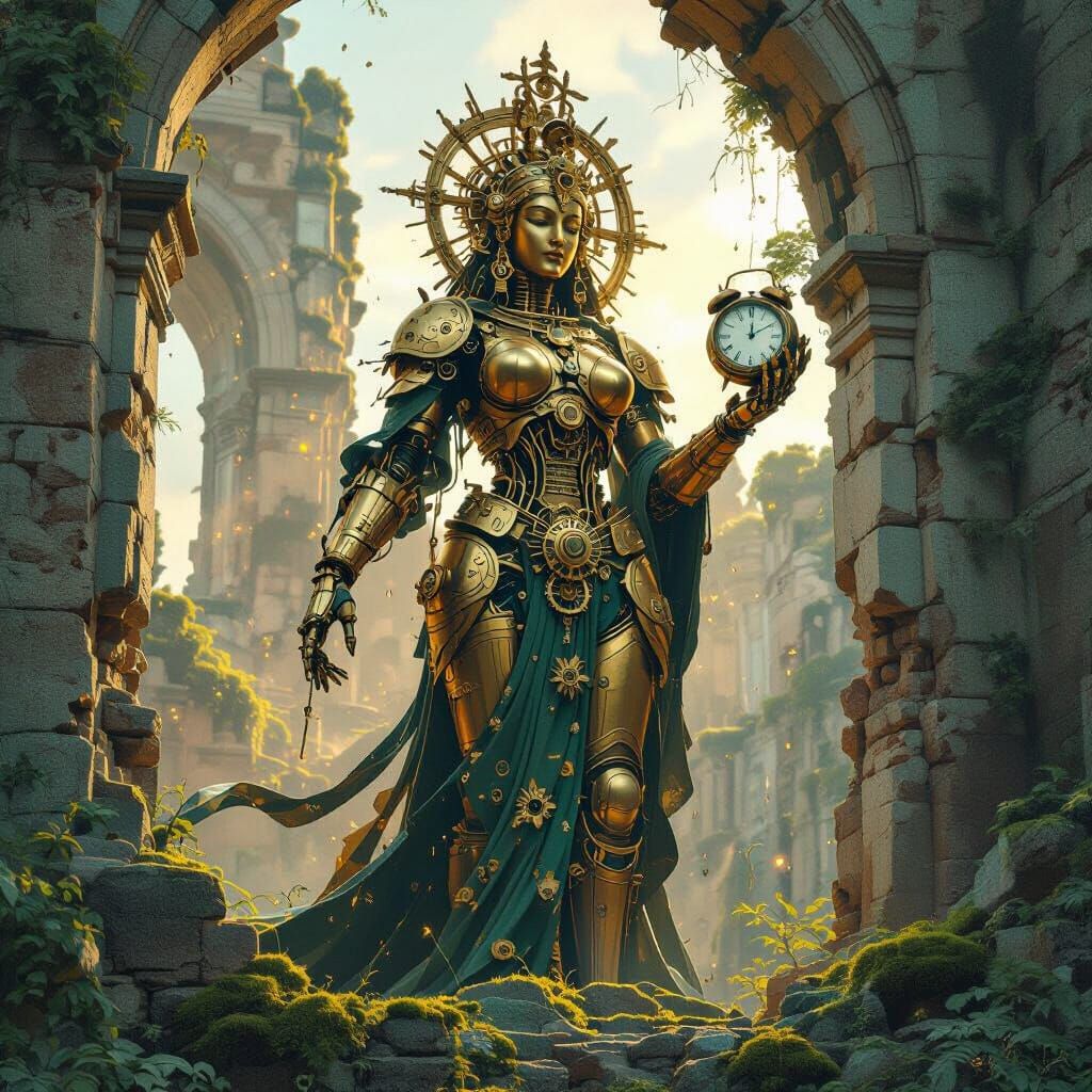 Brass Automaton Goddess Holds Clock in Teal Ruins