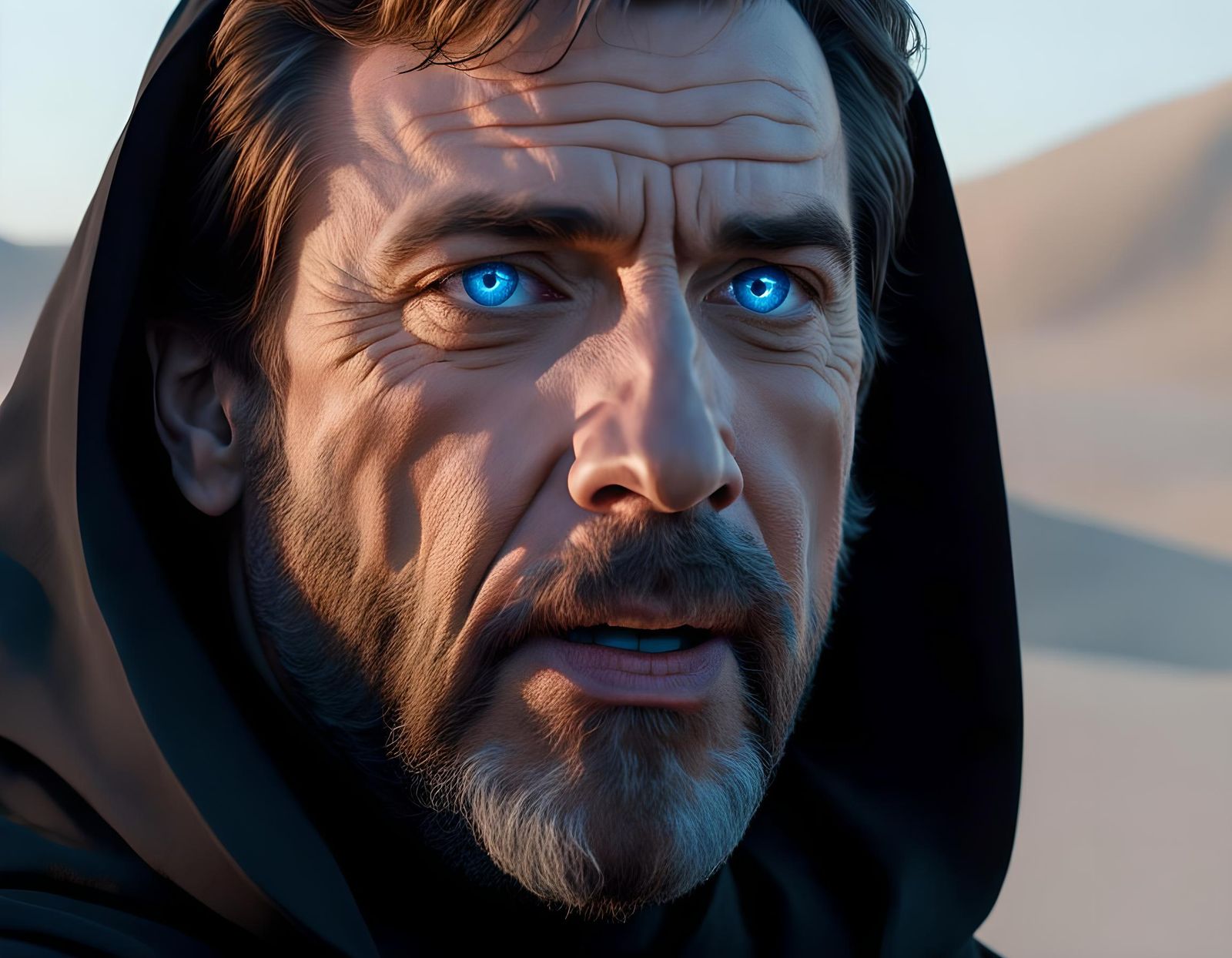 Sci-Fi Desert Portrait with Glowing Blue Eyes