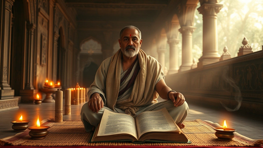 Serene Indian Scholar Reading Rigveda in Ancient Temple
