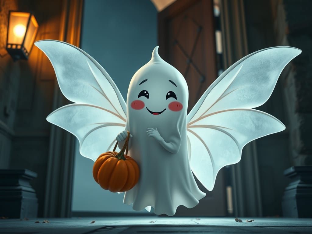 Cute Ghost Pixie With Pumpkin Bag At Open Door