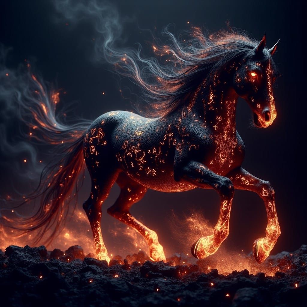 Majestic Dark Horse in Lava-Runed Splendor