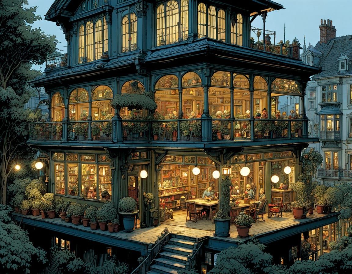 A Family's Whimsical Evening on the Veranda, in Intricate Il...