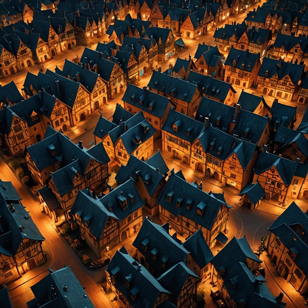 Medieval German Village at Night, Digital Art