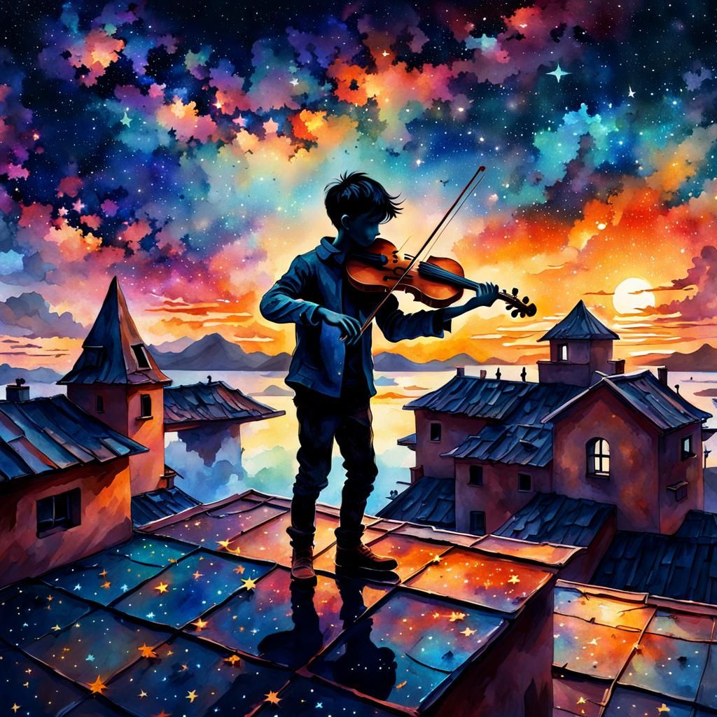 Boy Plays Violin on Starry Roof: Watercolor Art
