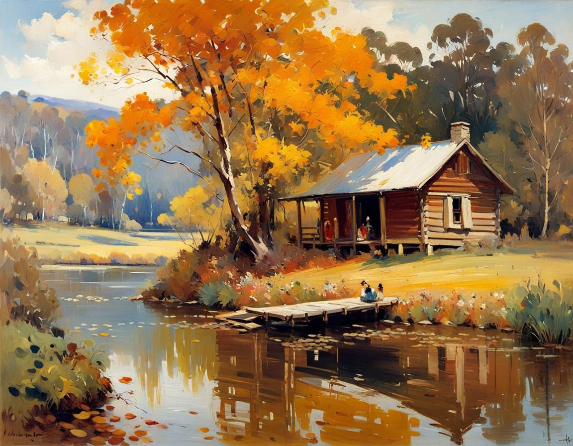 Autumnal Cabin Scene in Impressionist Style
