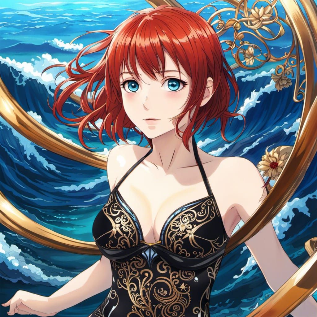 Anime Woman with Red Hair and Sapphire Eyes