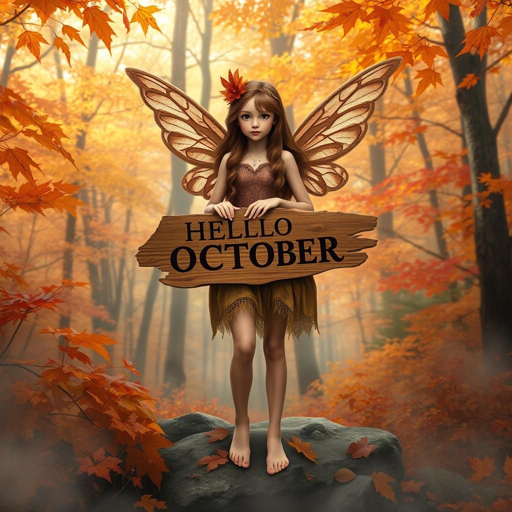 Autumn Fairy in Mystical Forest with Hello October Sign