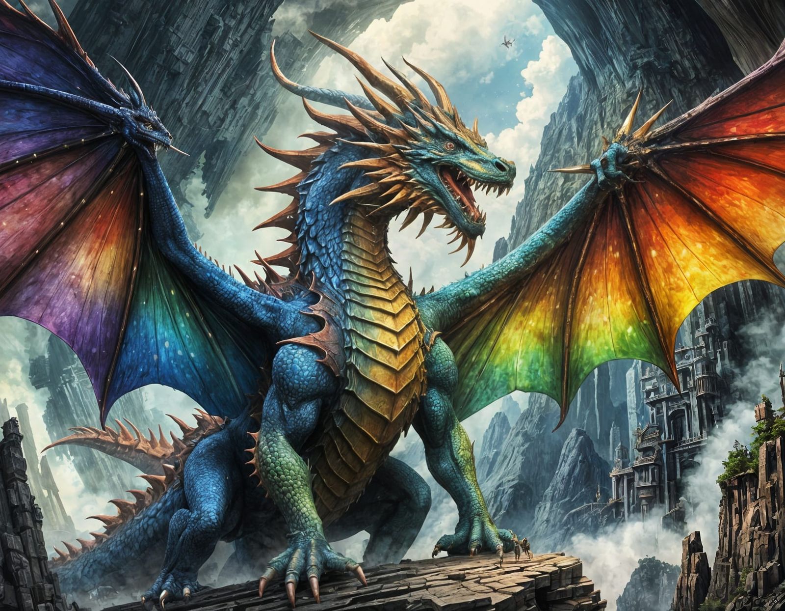 Rainbow Dragon in Fantasycore Retrofuturism Style