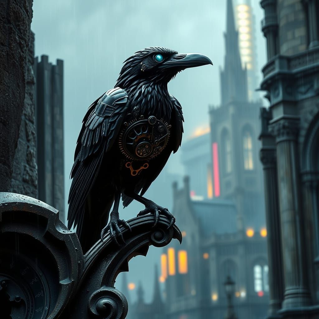 Gothic Cyborg Raven on Crumbling Cathedral