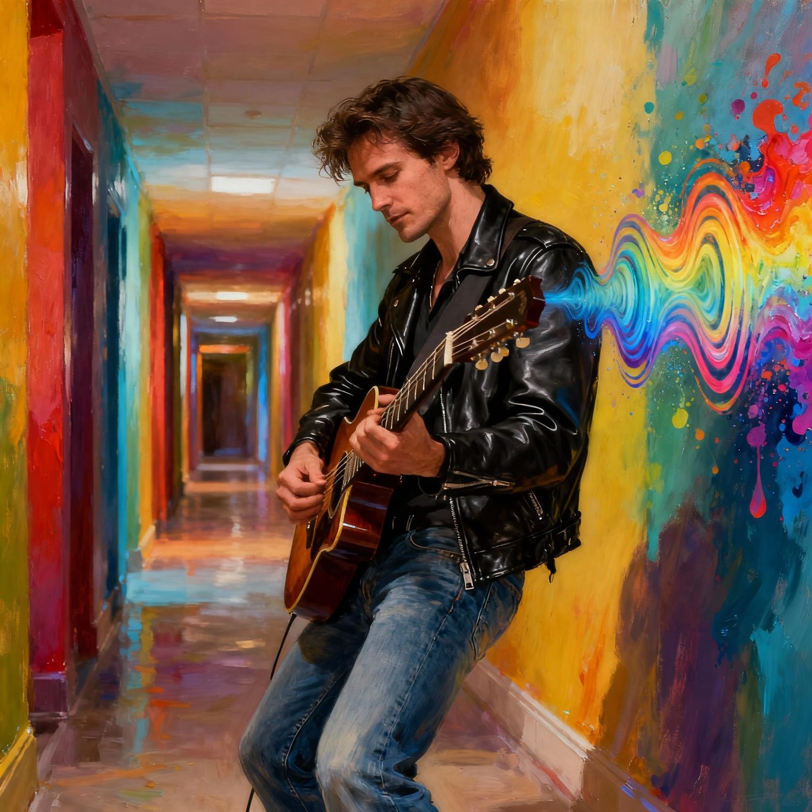 Musician in Vibrant Hallway with Sound Waves