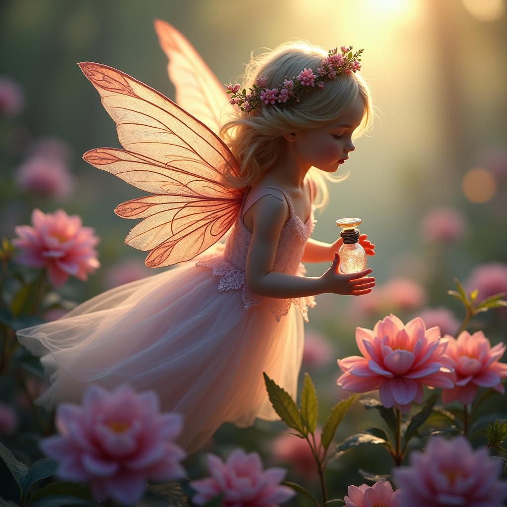 Iridescent Fairy Gathering Dewdrops at Dawn