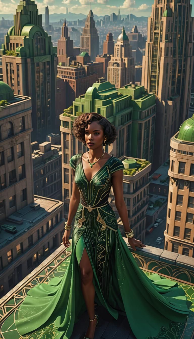 Black Woman in Green Dress on Art Deco Building