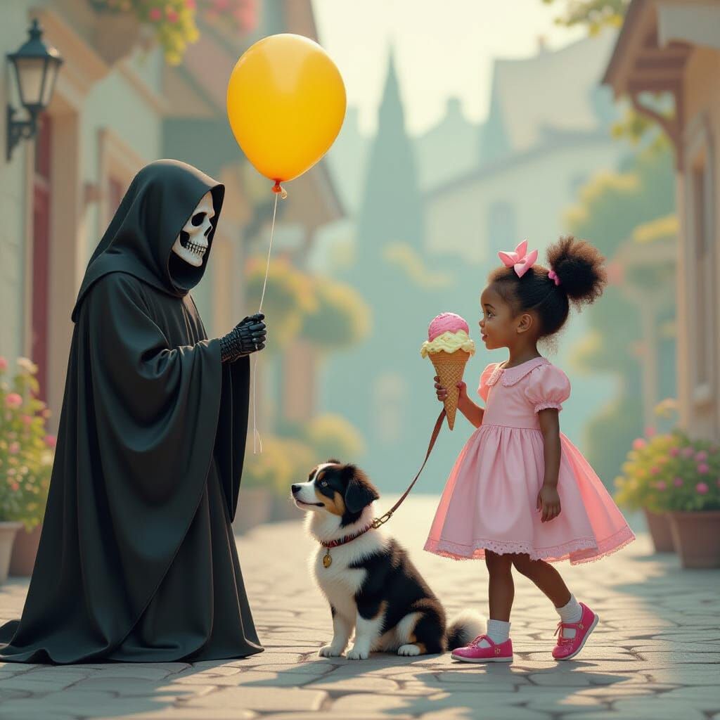 Girl with Grim Reaper, Ice Cream & Dog in Cinematic Style