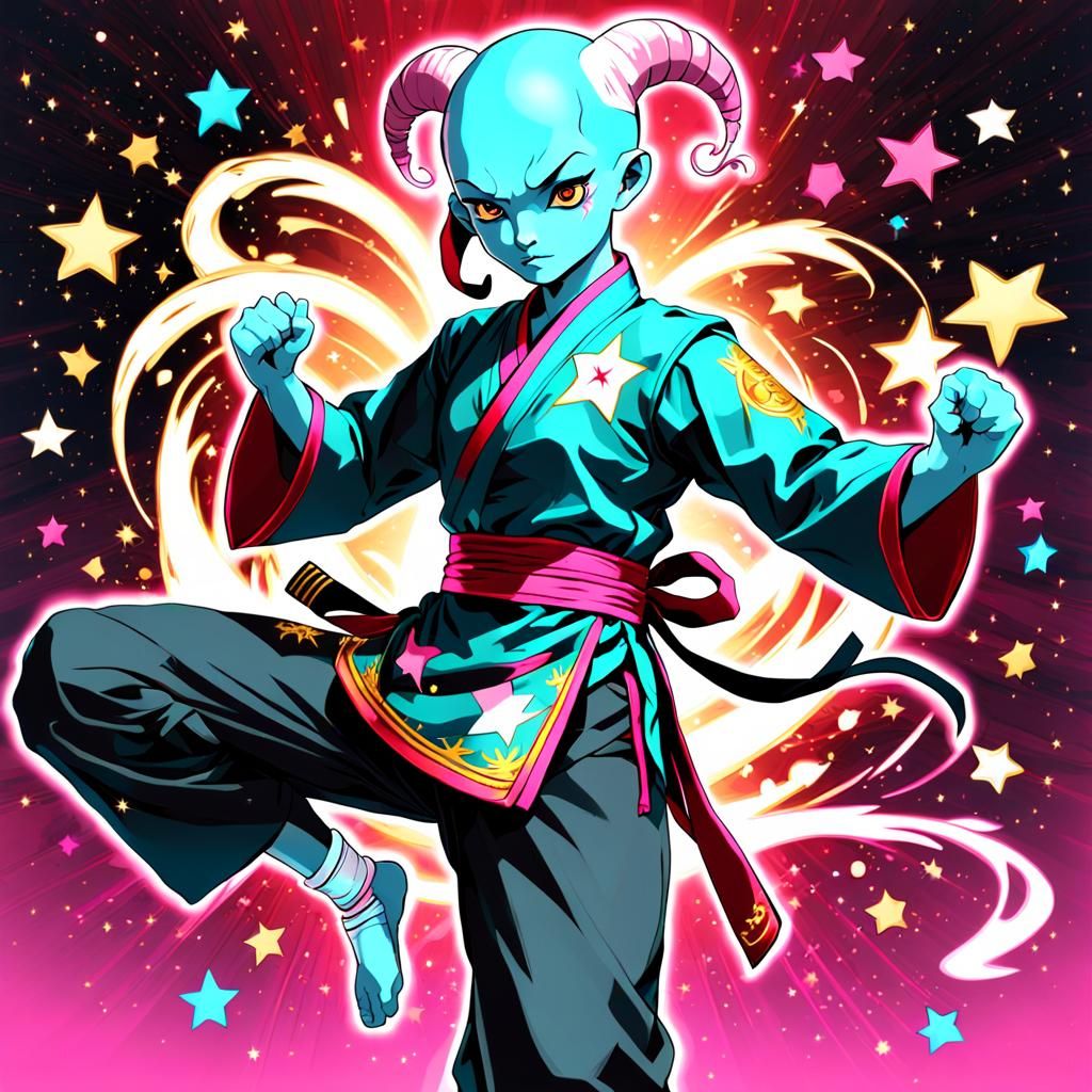 Teal Tiefling Monk Fighter in Cel-Shaded Anime Style