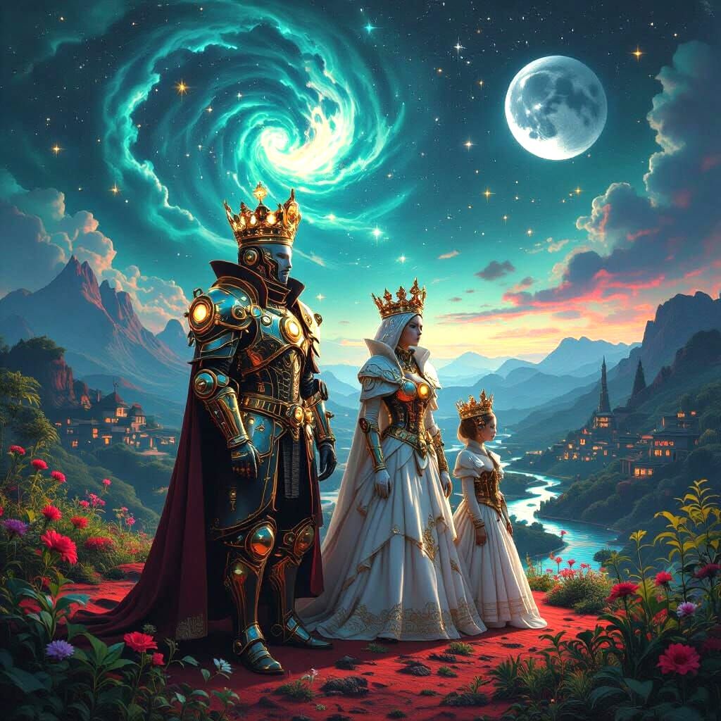 Steampunk Royal Family on Alien World with Nebula Sky