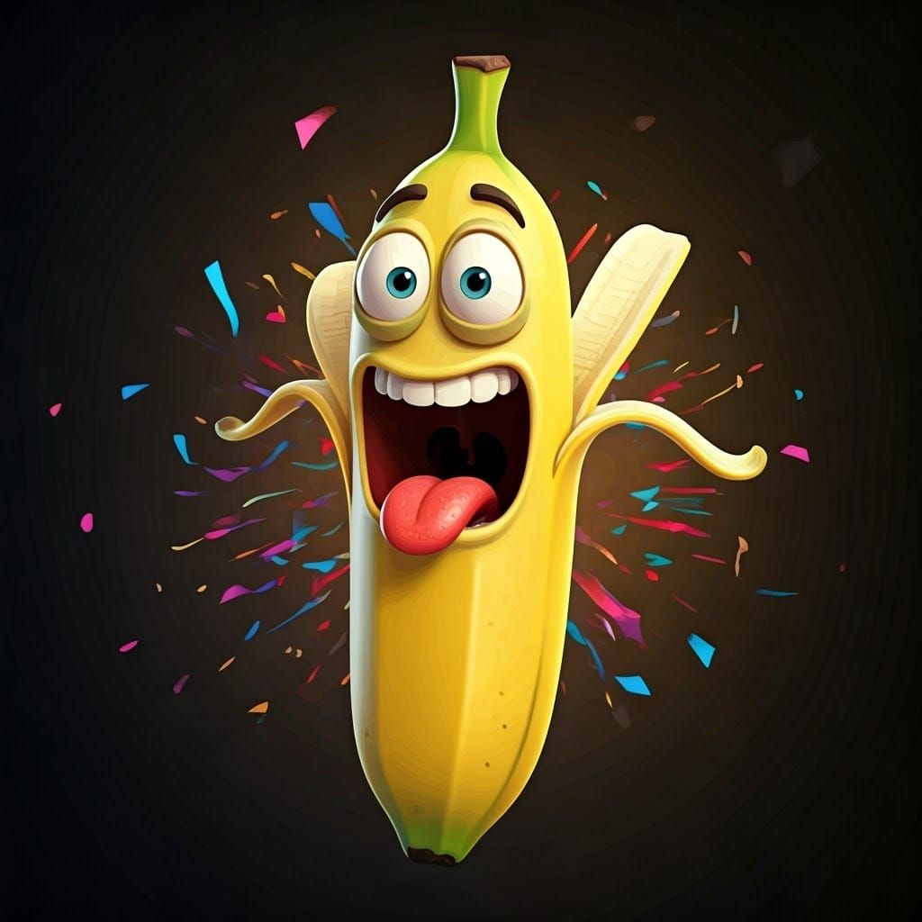 Animated Banana Character with Confetti Explosion