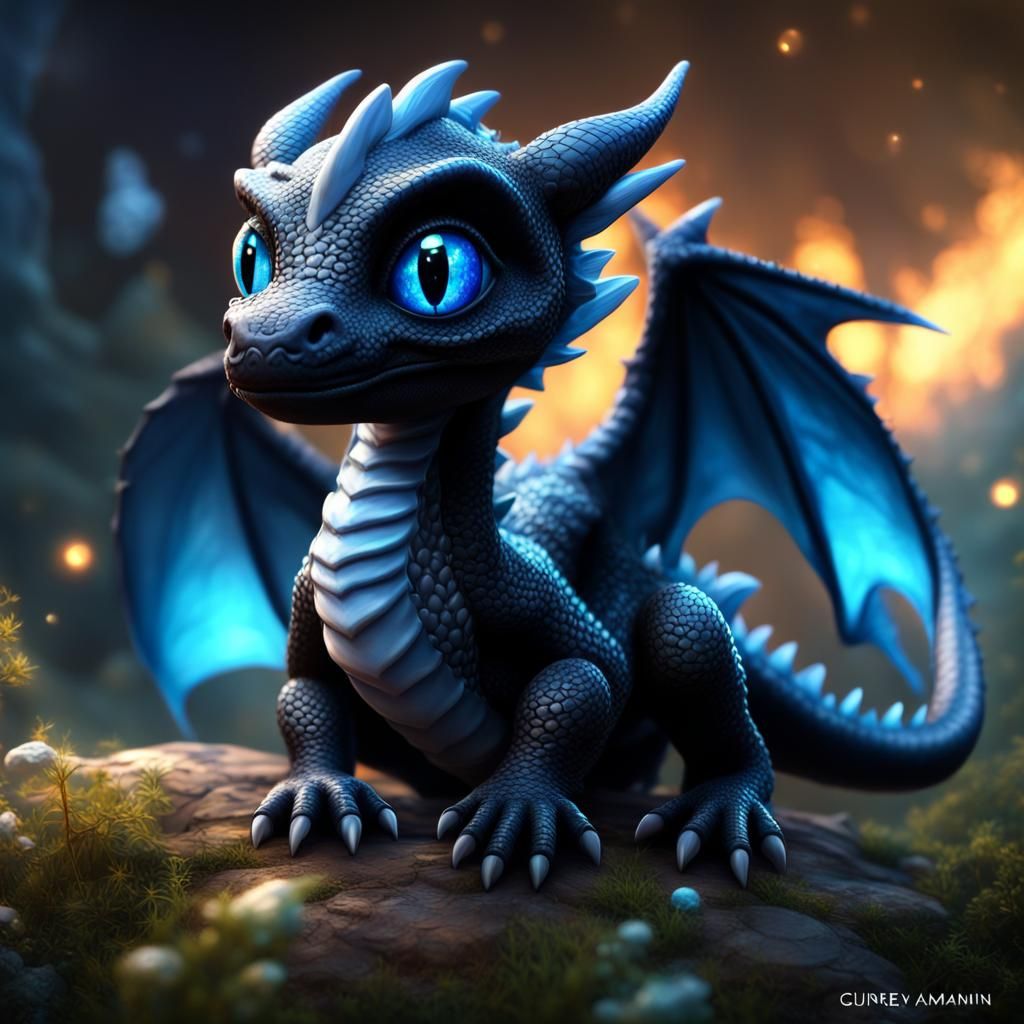 Cute Black Dragon with Blue Eyes, Digital Art