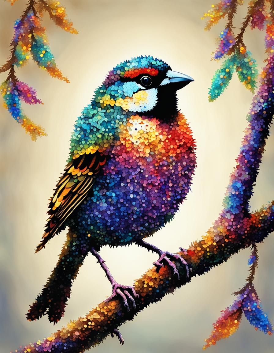Colorful Sparrow in Pointillism Art Style