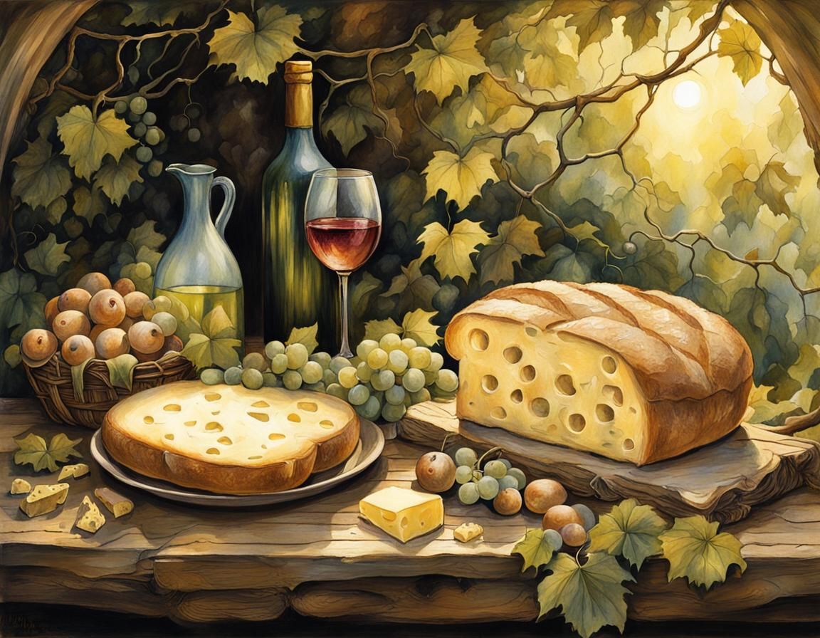 Idyllic Still Life with Bread, Cheese, and Wine