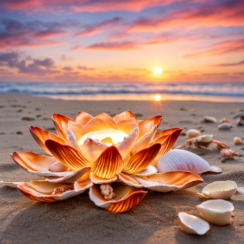 Seashell Lotus Flower on Sunset Beach
