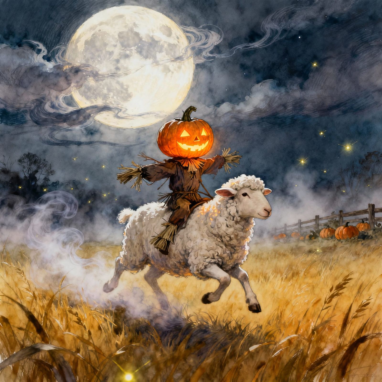 Fairytale Halloween Night: Scarecrow Rides Ram Under Moonlig...