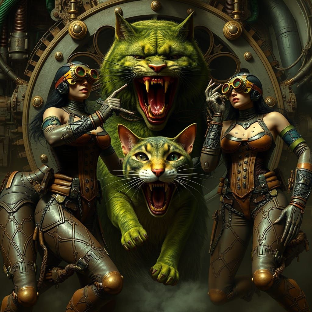 Steampunk Women vs. Giant Cat in Industrial Chaos