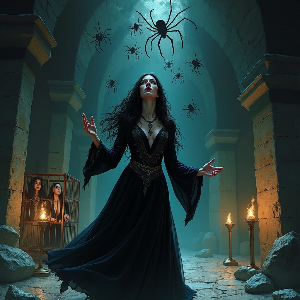 Arachne Summons Spiders in Dark Gothic Dungeon