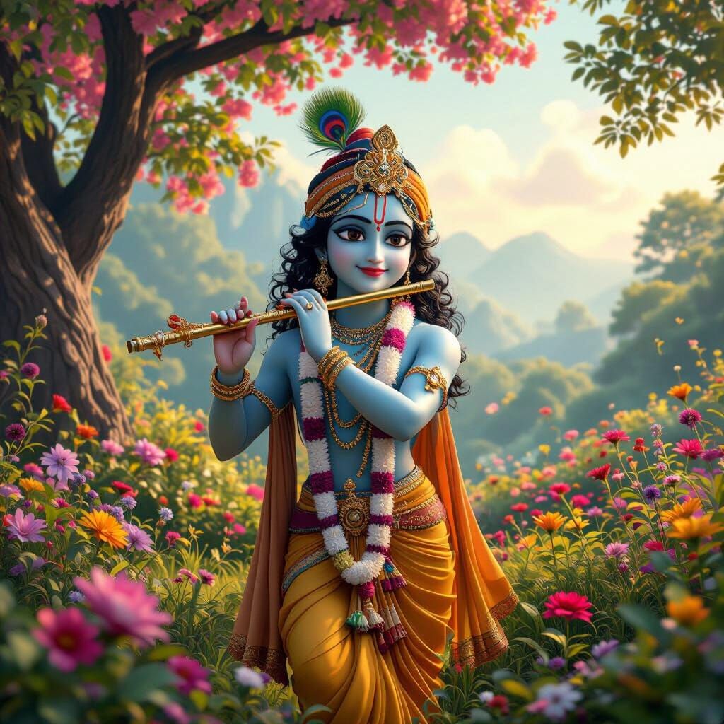 Lord Krishna Playing Flute in Lush Garden, 3D Render
