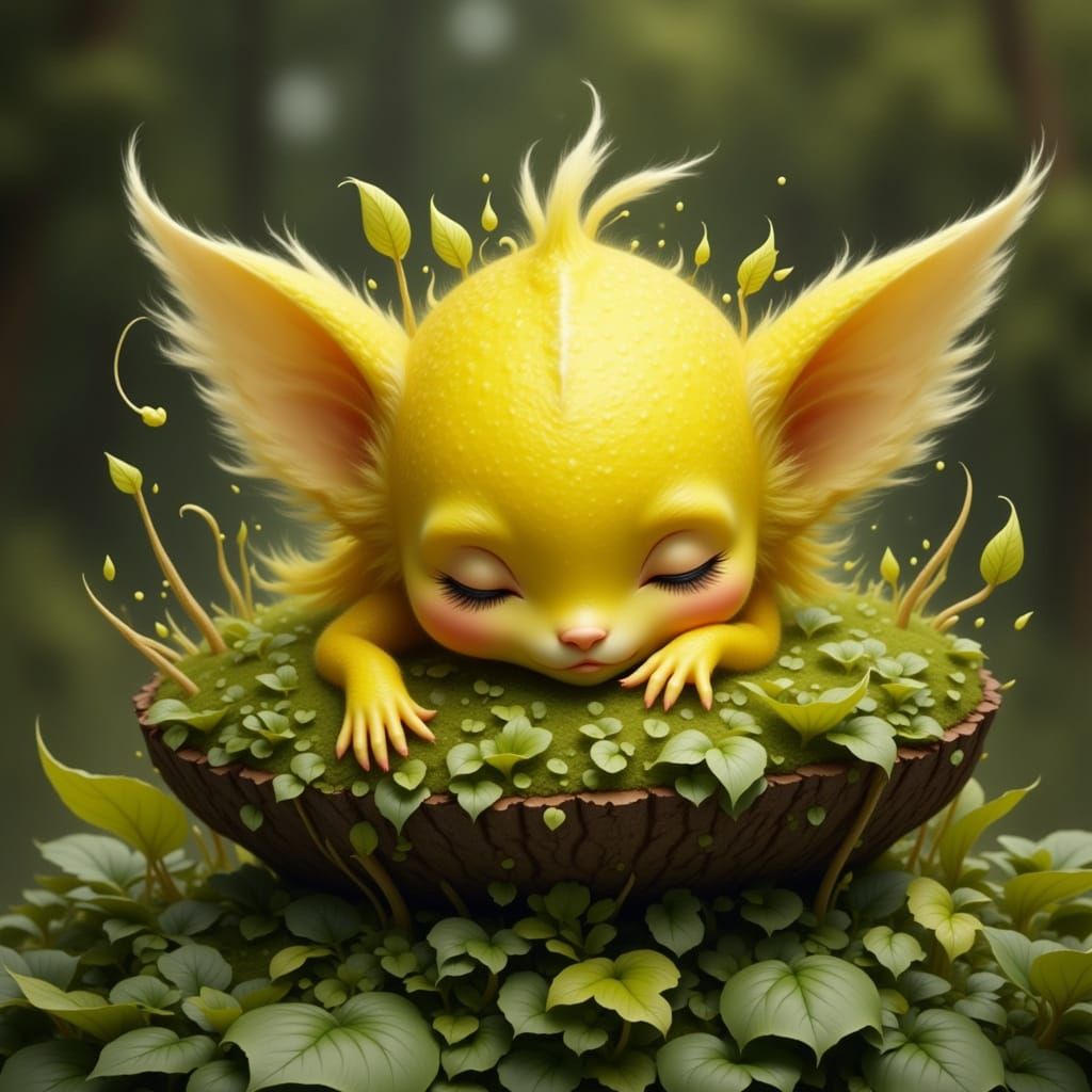 Whimsical Lemon Creature in a Floral Slumber