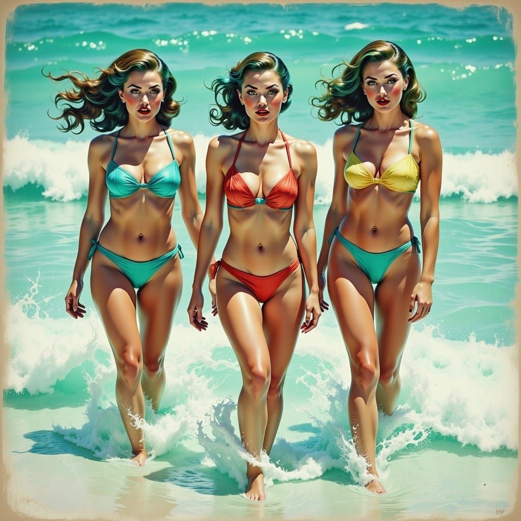 Women Emerge from Sea in Painterly Style