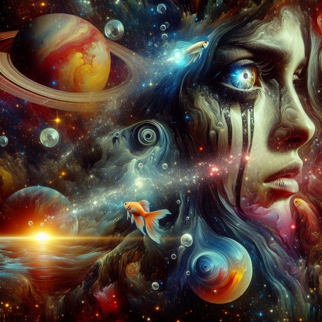 Surreal Cosmic Portrait of a Tearful Queen in Chiaroscuro St...