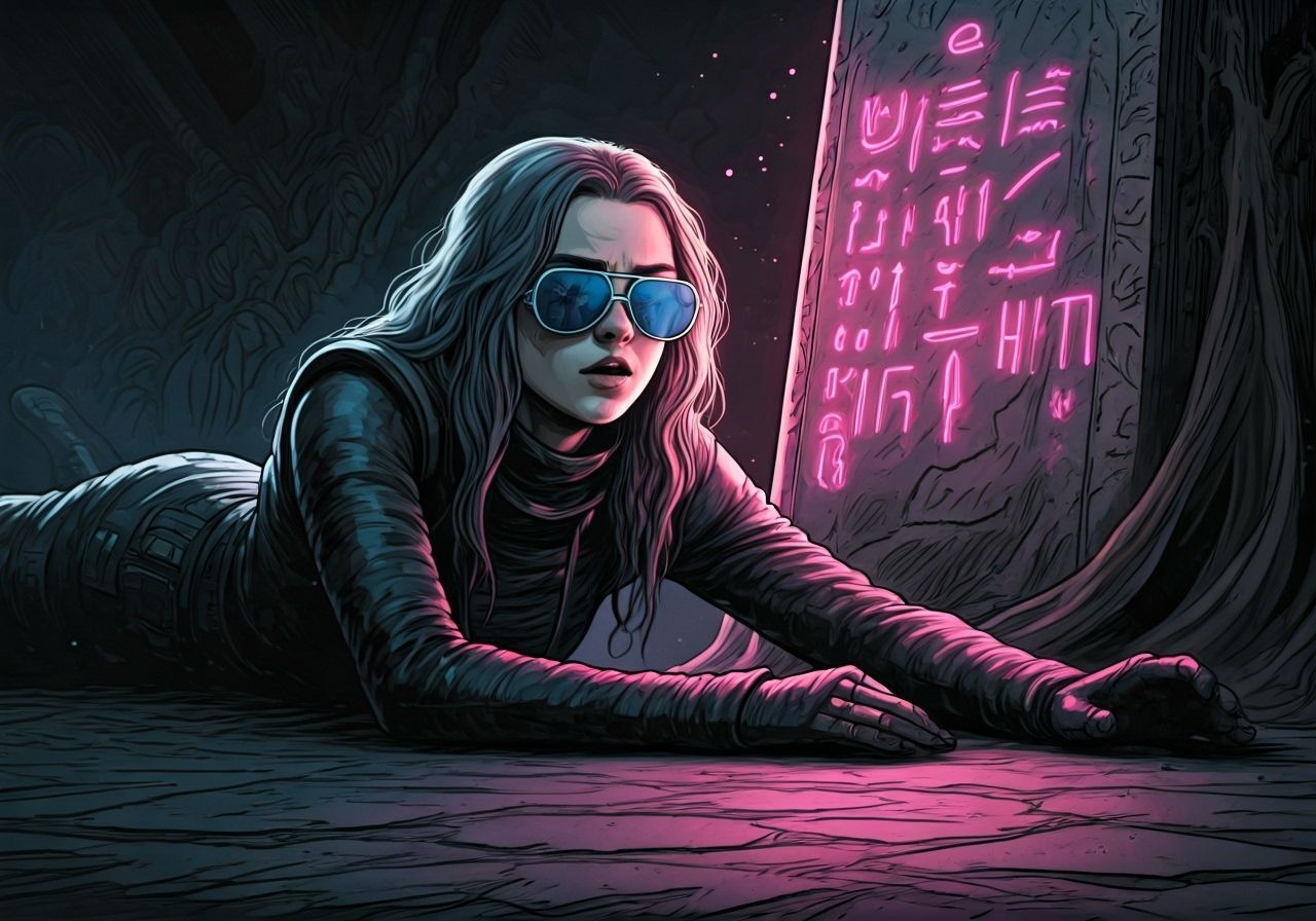 Ashildr Wakes in Dark Room with Glowing Hieroglyphs