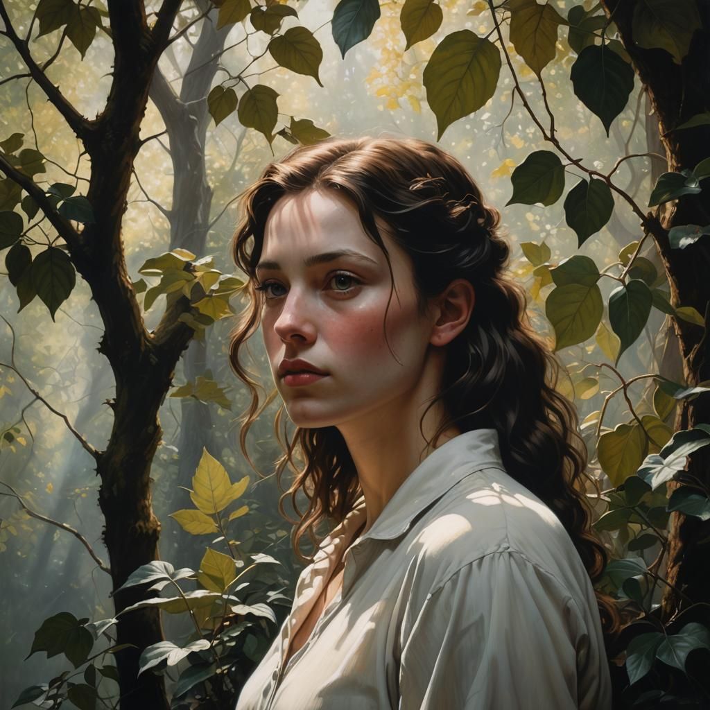 Hyperrealist Woman in Lush Setting, Fantasy Art