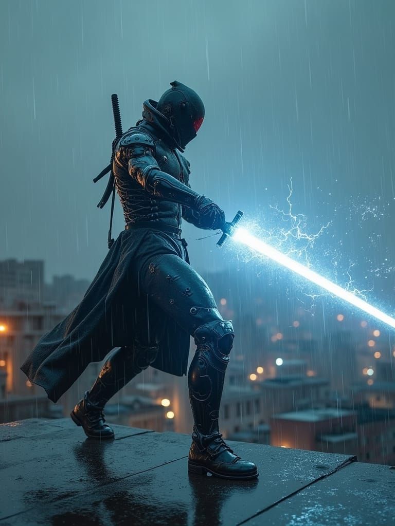 Hyper-Realistic Cyborg Ninja in Cinematic Sword-Cutting Stan...